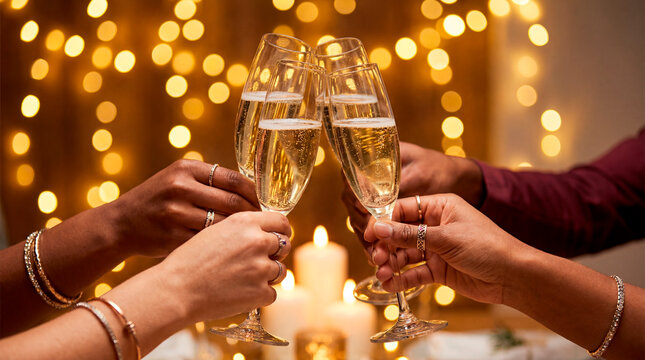 Multiracial friends toasting champagne flutes at warm candlelit new year eve dinner