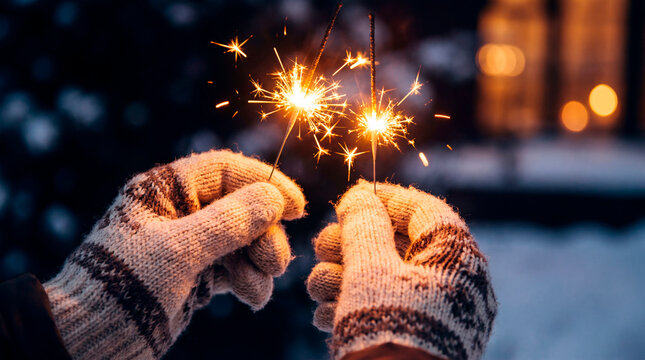 Mittened hands holding burning sparklers in snowy winter night for new year celebration