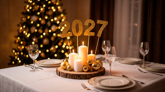 Elegant 2027 candle centerpiece on holiday dinner table near illuminated christmas tree