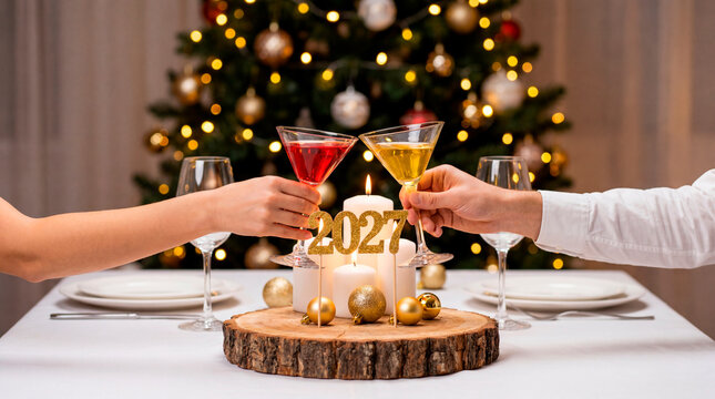 Couple toasting cocktails with 2027 candles at elegant new year dinner near christmas tree