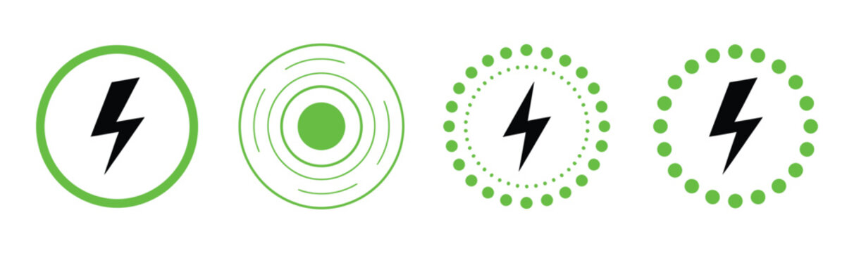 Green energy charging icon set showcasing wireless power, battery levels, and lightning bolt symbols for modern mobile UI and tech interfaces. Vector illustration.