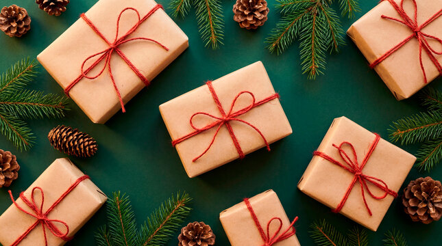 Kraft paper christmas gifts with red twine on green background with pine and pinecones