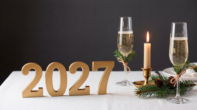 Minimal golden 2027 letters with champagne flutes and pine branch on white tablecloth
