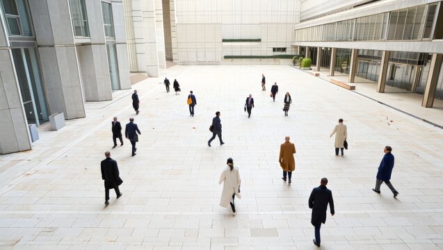 High overhead view of a spacious enclosed corporate courtyard with sparse groups of commuters in winter coats walking across pale stone paving, modern concrete and glass office buildings surrounding