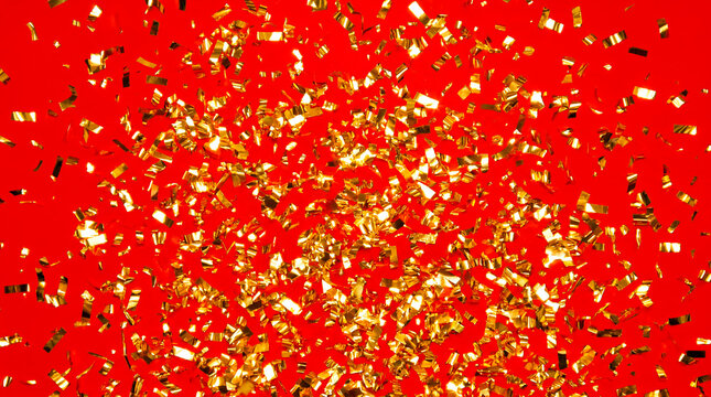 Golden metallic confetti exploding on vibrant red background for festive party overlay
