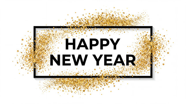 Happy new year text in black frame with golden glitter on white background for greeting card