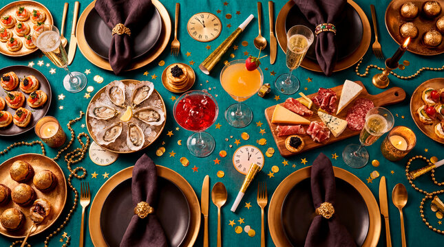 Elegant new year eve dinner table with appetizers oysters and gold clock decorations top view