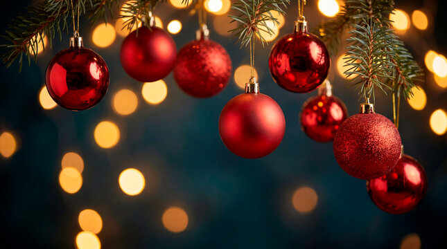 Red christmas ornaments hanging on pine branches with warm golden bokeh background