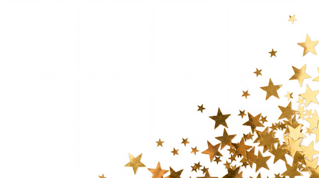 Golden paper stars scattered in corner on white background for festive holiday overlay