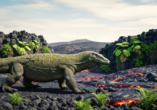 Ancient giant reptile slowly traversing rugged volcanic terrain, showcasing the unique biodiversity of remote Pacific islands, nature, scenic, environment