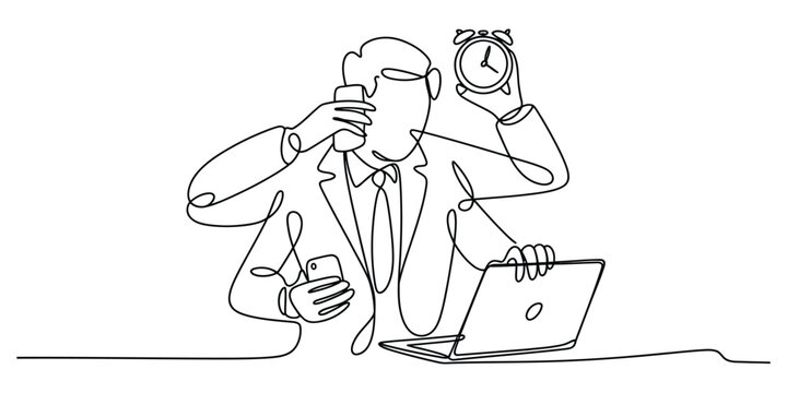 Busy businessman multitasking with laptop phone and alarm clock line art