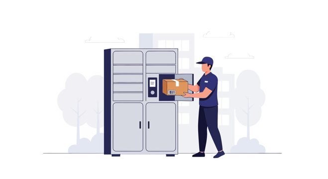 Delivery man placing package into smart locker for contactless parcel pickup and delivery