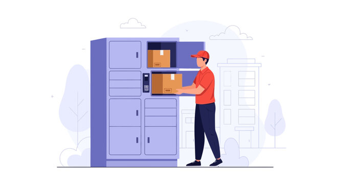 Delivery man placing package into smart locker for contactless parcel delivery service
