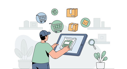 Fototapeta premium Delivery man using tablet for online shopping, package tracking, and logistics management