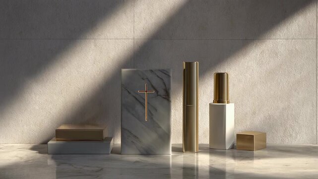 Marble block with a gold cross and luxury cosmetic bottles. Modern religious still life with dramatic shadows. Faith and beauty concept