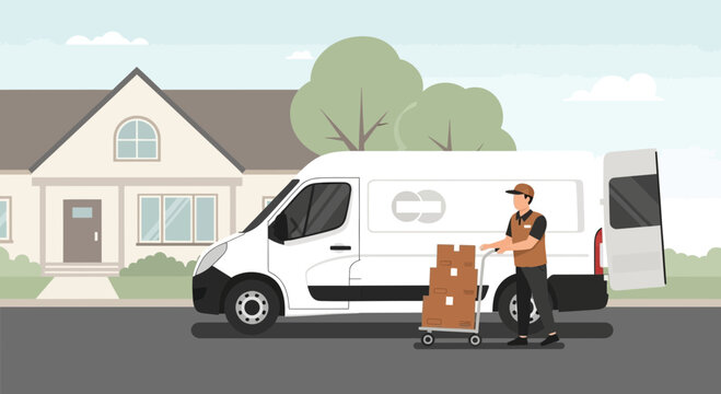 Delivery man with boxes and van at residential house, logistics and shipping concept