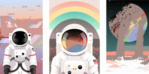 astronauts in cosmic scenes vector illustration space © Amrito