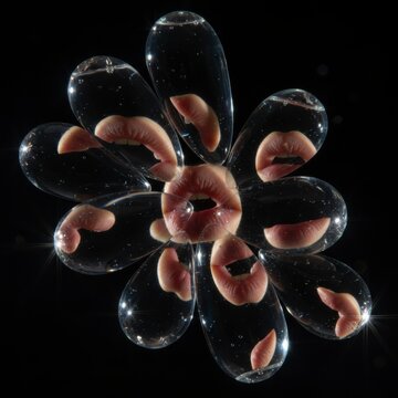 Abstract Flower Design with Lip Shapes Encased in Droplets on Black Background