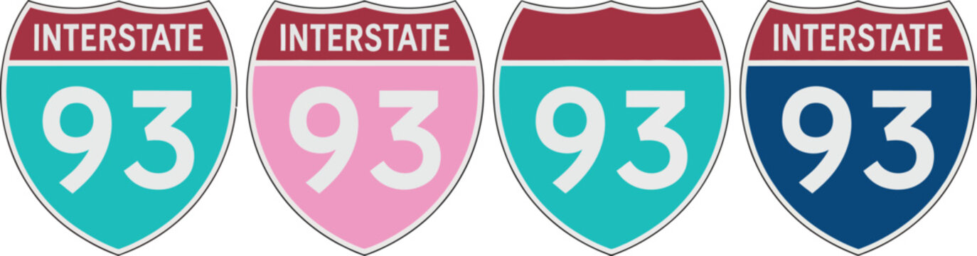 Interstate 93 highway vector signs showcasing route marker symbols for transportation, road navigation, and mapping applications. Vector illustration.