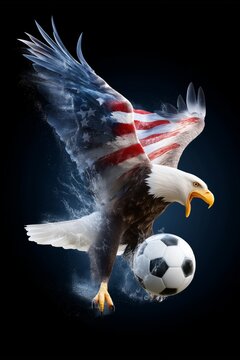 Dynamic image of American bald eagle with USA flag wings attacking a soccer ball in motion sports concept background
