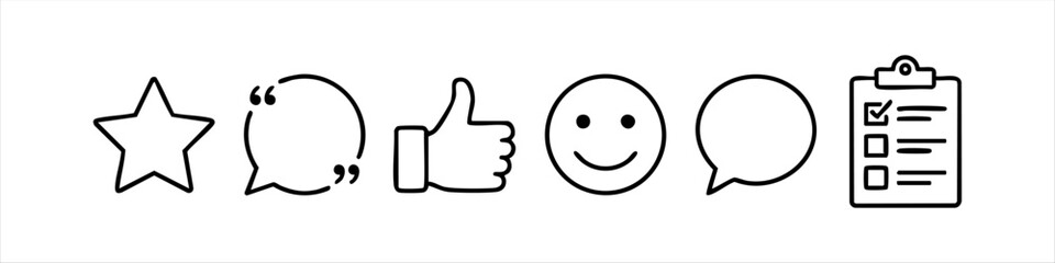Obraz premium Vector set of feedback and customer satisfaction line icons featuring a star, quote bubble, thumbs up, smiley face, speech bubble, and checklist. Ideal for business reviews and social media.