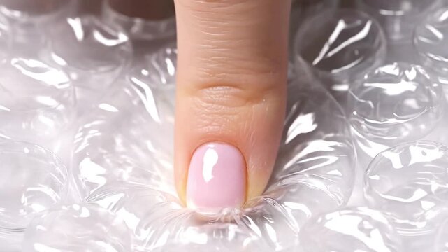 Human finger pressing down on a clear plastic bubble wrap sheet in slow motion sequence