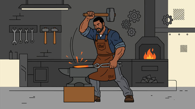 Professional metalworker in leather apron working in old forge workshop with sparks. Perfect vector for metal craft, heavy industry, metallurgy, and ancient trade.