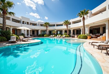 Fototapeta premium Luxurious resort pool with palm trees and lounge chairs.