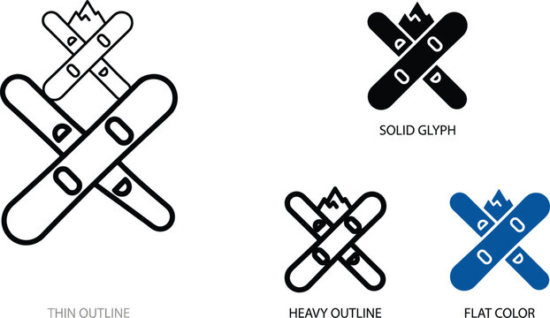 Vector icon set of snowboards including mountain, board, and winter sports gear in multiple styles for skiing, snowboarding, and outdoor recreational projects