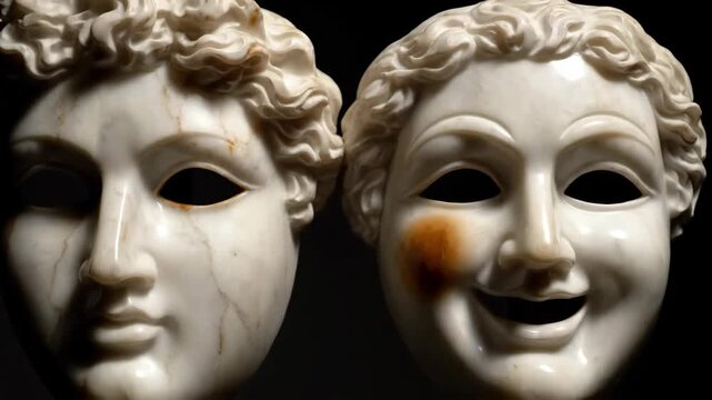 Classical marble masks of comedy and tragedy against a black background. Dramatic lighting on theater archetypes of drama and performance. Arts and culture concept