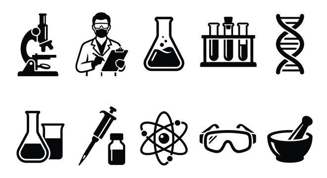Silhouette of laboratory equipment and scientist in various scientific settings