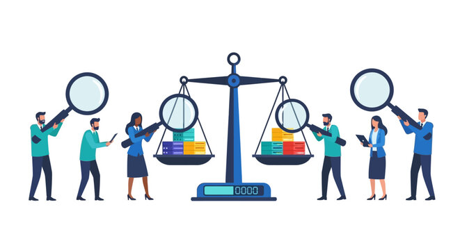 Data Analysis and Audit Concept with Business People Using Magnifying Glasses on Balance Scale