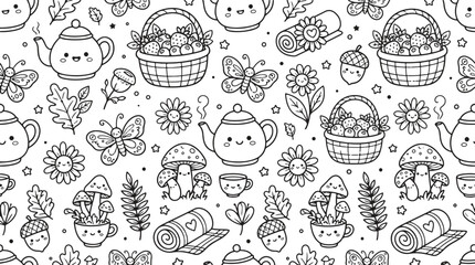 Cottagecore doodle seamless pattern with cute characters, hand drawn botanical flowers, acorn and tea cup background for coloring book and textile © Akhi Ayra