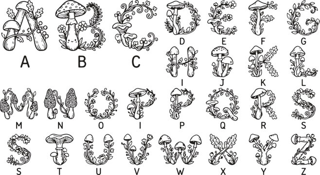 Mushroom alphabet letters vector font set, botanical floral monogram initial ABC typography with fungus, leaves and plants, line art design elements