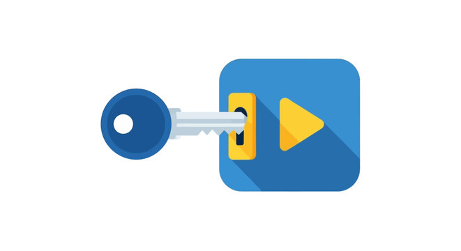 Flat Design Illustration of a Key Entering a Keyhole on a Blue Play Button Icon for Content Access and Subscription Security