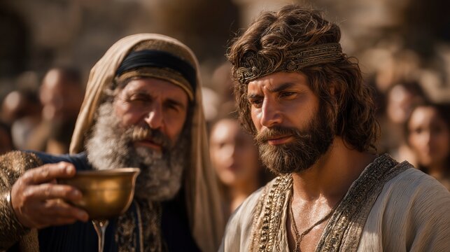 Young Solomon is anointed king beside the Gihon spring as Zadok and Nathan affirm his calling before the people, marking the beginning of a reign destined for wisdom, peace, and divine purpose.
