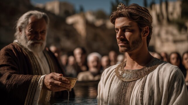 Young Solomon is anointed king beside the Gihon spring as Zadok and Nathan affirm his calling before the people, marking the beginning of a reign destined for wisdom, peace, and divine purpose.
