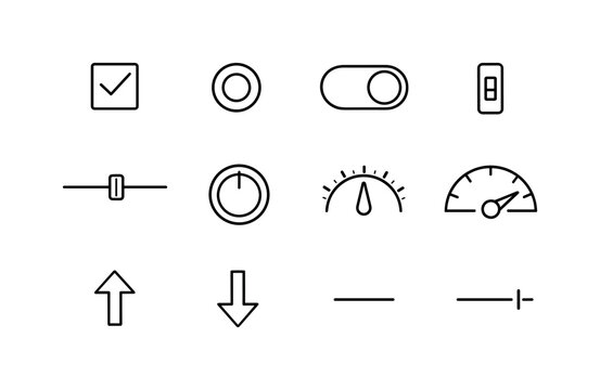 Vector Control Icons. Line style vector icons of input control icons: checkbox, radio, toggle, switch; slider, knob, dial, meter;