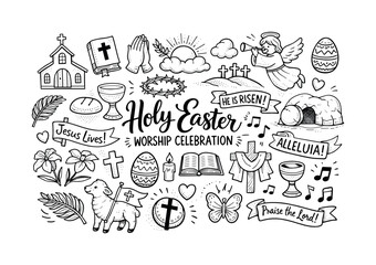 Obraz premium Doodle illustration of Easter symbols and religious phrases for worship celebration