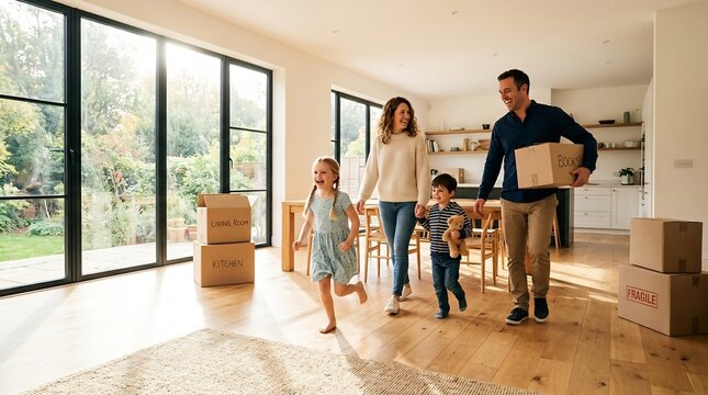 Proud father carries moving box as his joyful family runs into their bright new home, celebrating a fresh start and family milestone.