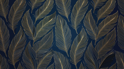 Seamless pattern with golden feathers on dark blue background © S.Siam