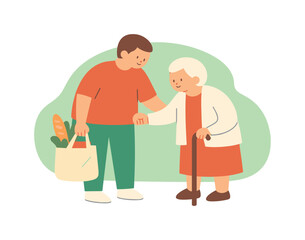 Fototapeta premium Bright neighborhood scene shows a person helping an elderly neighbor as clean space highlights kindness scene of person helping