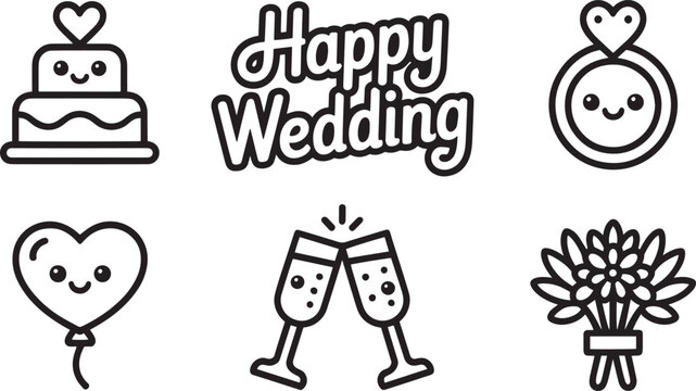 Just married wedding typography lettering with minimalist line art icons for bridal party celebration