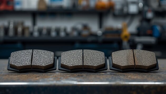 Three automotive brake pads are precisely arranged on a textured surface, showcasing their different wear stages and material compositions in a detailed close-up.
