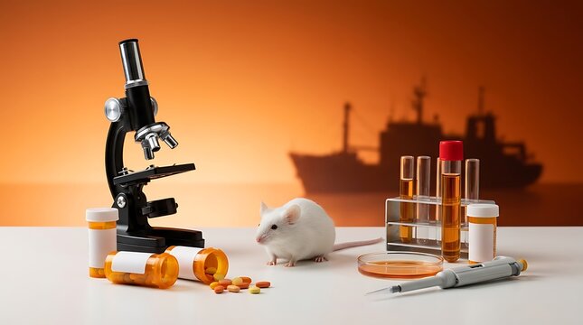 Hantavirus Diseases Laboratory setup with a white mouse, microscope, pills, and test tubes laboratory, science, research, experiment