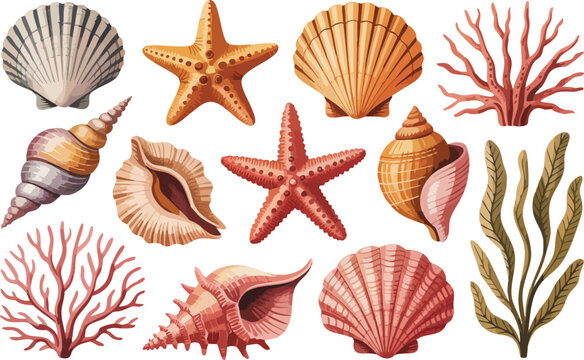 Sea shells coral and starfish vector collection for marine designs with underwater nature elements on transparent layer.