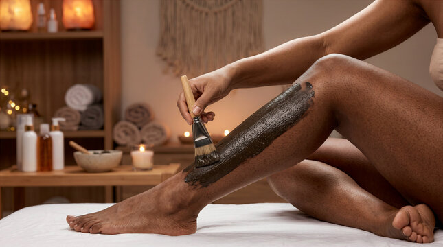 African-American woman applying a therapeutic mud mask to her legs, an advertisement for spa treatments and therapeutic skin care treatments