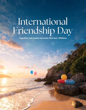 Beautiful Beach Sunset Celebrating International Friendship Day With Balloons