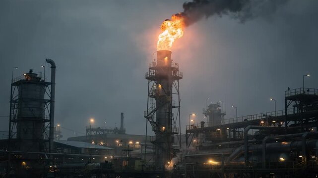 Medium shot of a flare stack burning offprocess gases enveloped in light fog creating a moody atmosphere with diffused flame light and an eerie industrial silhouette