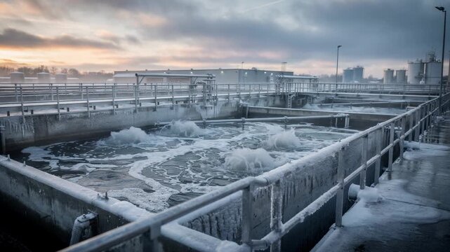 Medium shot of aeration basins in an effluent treatment plant at sunrise with cloudy skies and icy surfaces highlighting the dynamic wastewater purification process